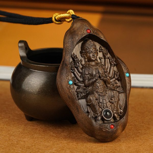 Hand-Carved JinSi Nanmu Thousand-Armed Guanyin Pendant Necklace