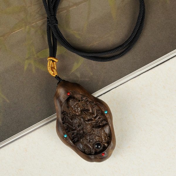 Hand-Carved JinSi Nanmu Thousand-Armed Guanyin Pendant Necklace