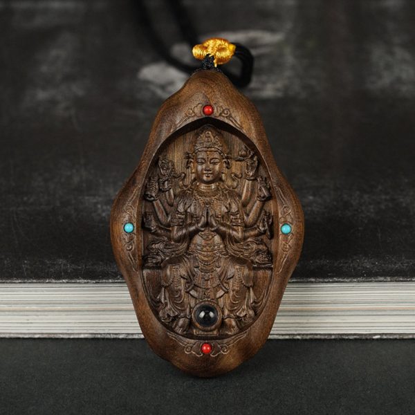 Hand-Carved JinSi Nanmu Thousand-Armed Guanyin Pendant Necklace