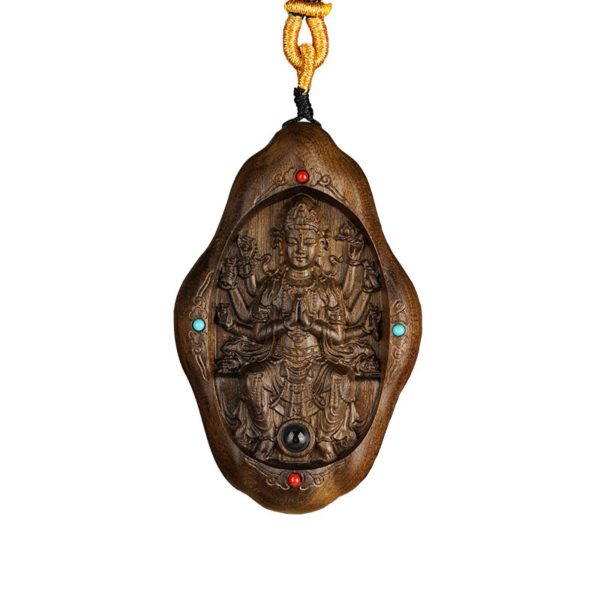 Hand-Carved JinSi Nanmu Thousand-Armed Guanyin Pendant Necklace