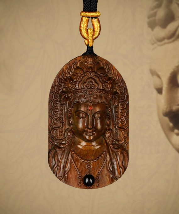 Hand-Carved Sandalwood Green Tara Pendant Amulet Necklace