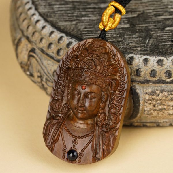 Hand-Carved Sandalwood Green Tara Pendant Amulet Necklace