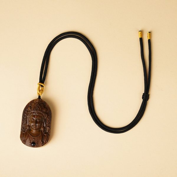 Hand-Carved Sandalwood Green Tara Pendant Amulet Necklace