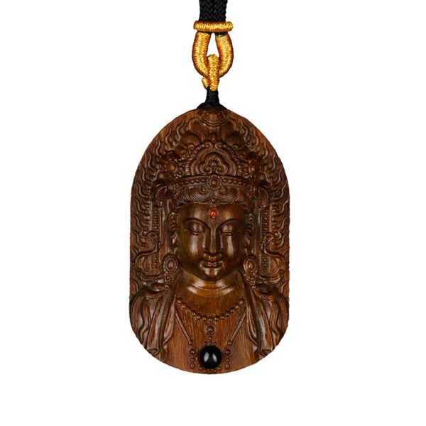 Hand-Carved Sandalwood Green Tara Pendant Amulet Necklace