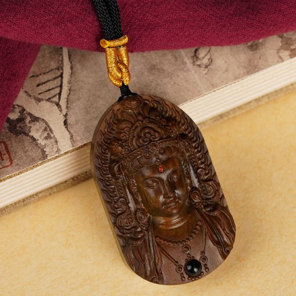 Hand-Carved Sandalwood Green Tara Pendant Amulet Necklace
