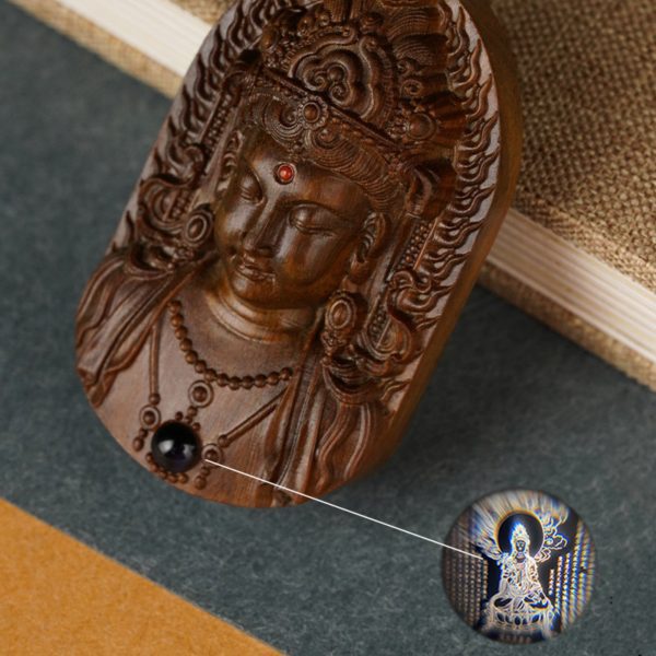 Hand-Carved Sandalwood Green Tara Pendant Amulet Necklace