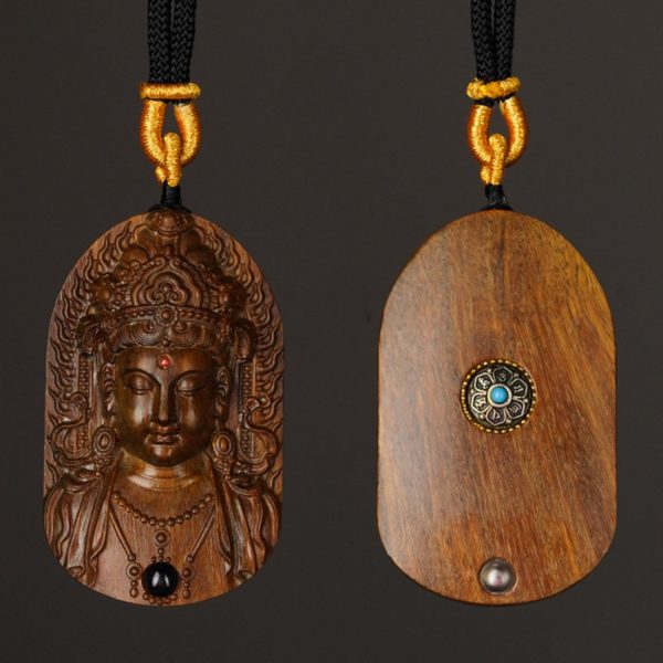 Hand-Carved Sandalwood Green Tara Pendant Amulet Necklace
