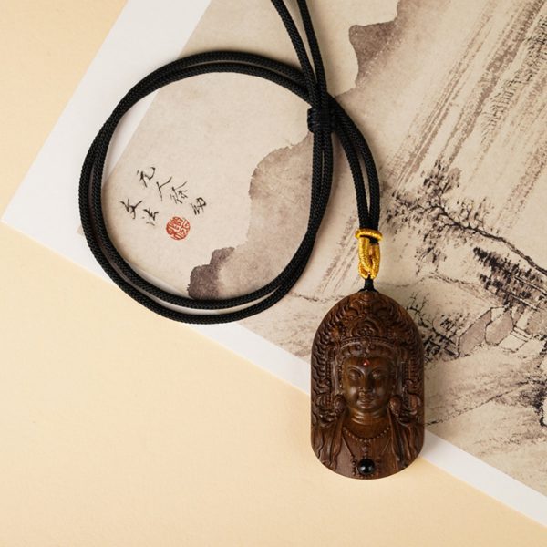 Hand-Carved Sandalwood Green Tara Pendant Amulet Necklace