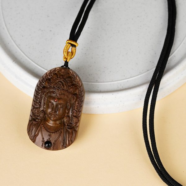 Hand-Carved Sandalwood Green Tara Pendant Amulet Necklace