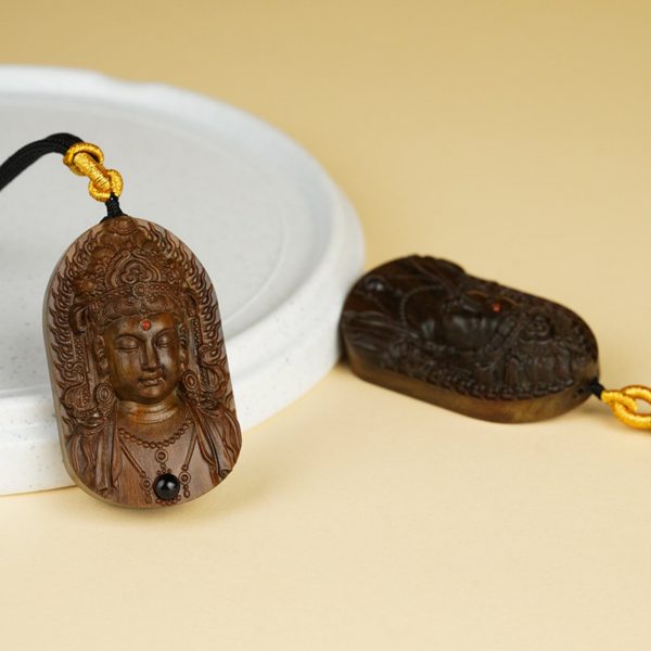 Hand-Carved Sandalwood Green Tara Pendant Amulet Necklace