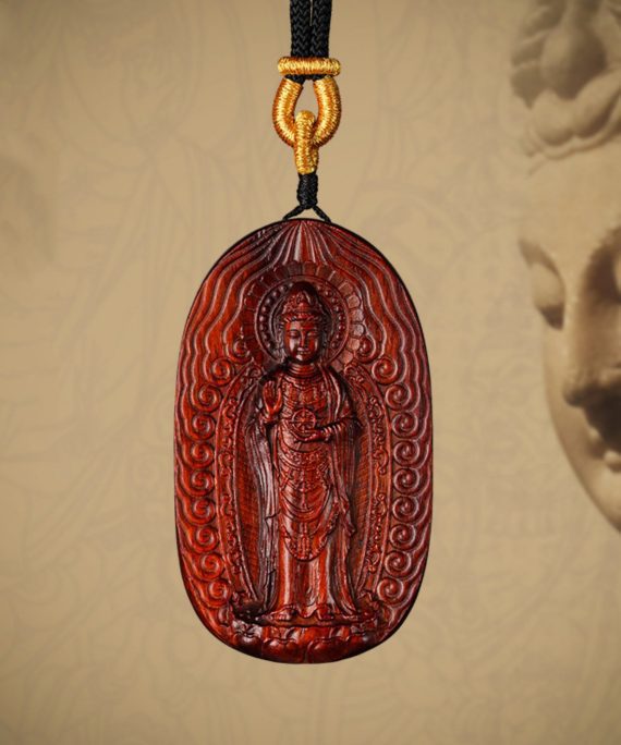 Hand-Carved Sandalwood Guanyin Pendant Amulet Necklace