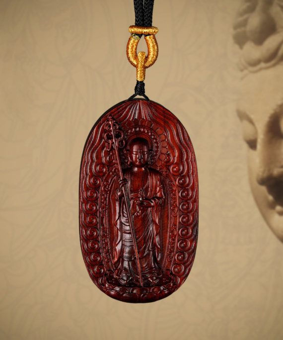 Hand-Carved Sandalwood Ksitigarbha Bodhisattva Amulet Necklace