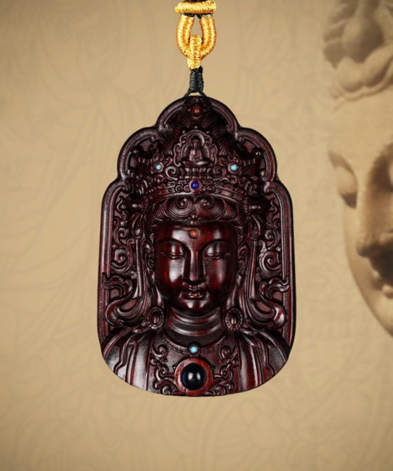 Hand-Carved Sandalwood Lotus Guanyin Pendant Amulet Necklace