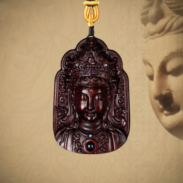 Hand-Carved Sandalwood Lotus Guanyin Pendant Amulet Necklace