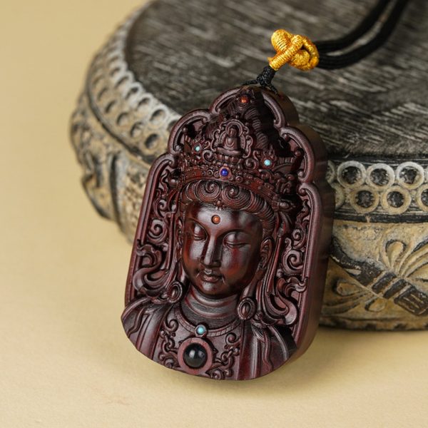 Hand-Carved Sandalwood Lotus Guanyin Pendant Amulet Necklace