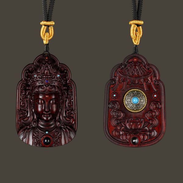 Hand-Carved Sandalwood Lotus Guanyin Pendant Amulet Necklace