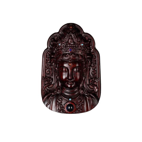 Hand-Carved Sandalwood Lotus Guanyin Pendant Amulet Necklace