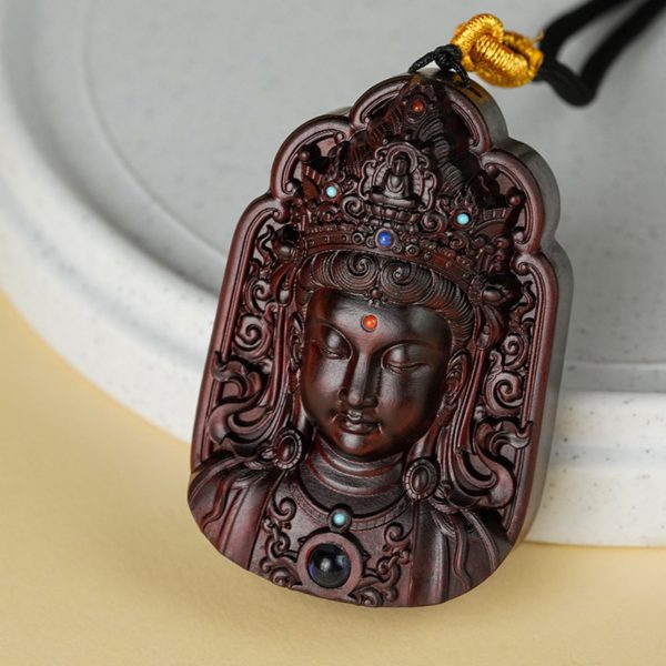 Hand-Carved Sandalwood Lotus Guanyin Pendant Amulet Necklace