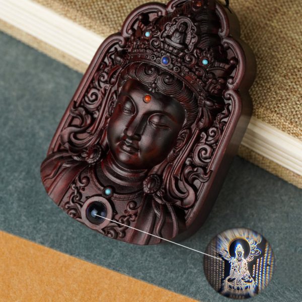 Hand-Carved Sandalwood Lotus Guanyin Pendant Amulet Necklace