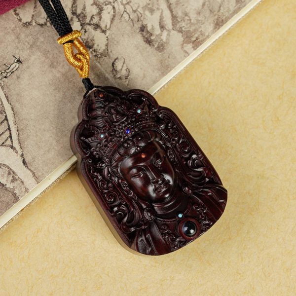 Hand-Carved Sandalwood Lotus Guanyin Pendant Amulet Necklace