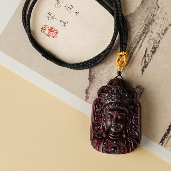 Hand-Carved Sandalwood Lotus Guanyin Pendant Amulet Necklace