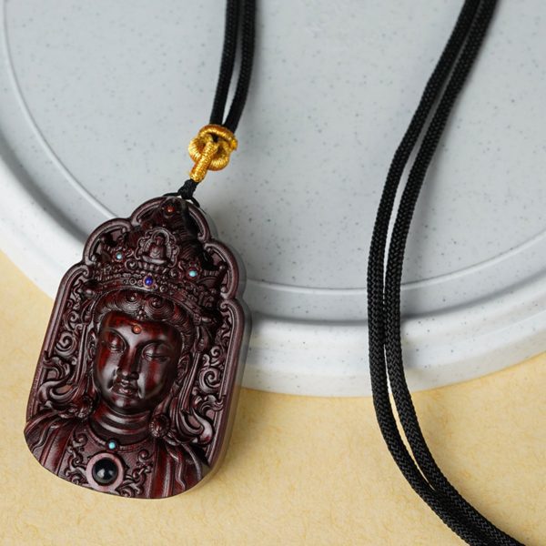 Hand-Carved Sandalwood Lotus Guanyin Pendant Amulet Necklace