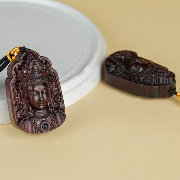 Hand-Carved Sandalwood Lotus Guanyin Pendant Amulet Necklace