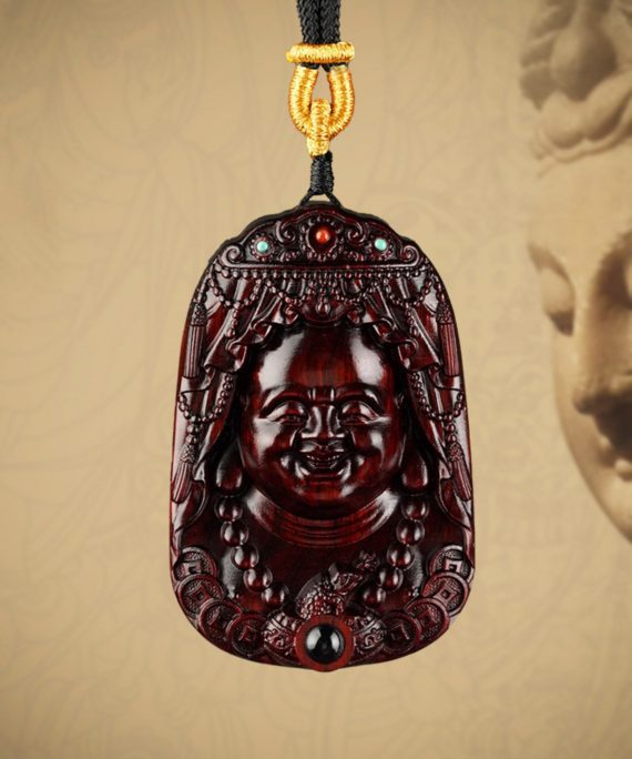 Hand-Carved Sandalwood Maitreya Buddha Amulet Necklace