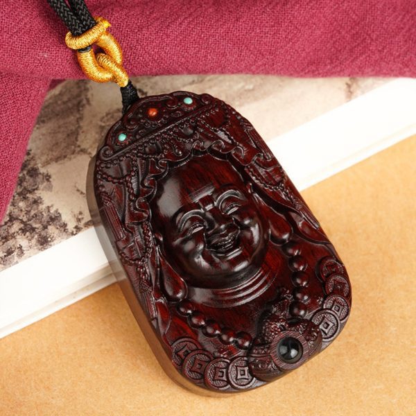 Hand-Carved Sandalwood Maitreya Buddha Amulet Necklace