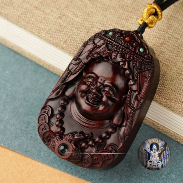 Hand-Carved Sandalwood Maitreya Buddha Amulet Necklace