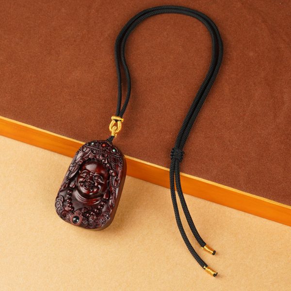 Hand-Carved Sandalwood Maitreya Buddha Amulet Necklace