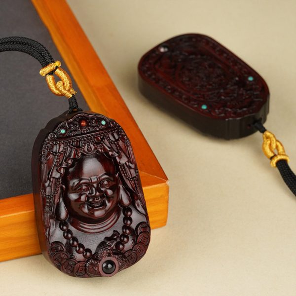 Hand-Carved Sandalwood Maitreya Buddha Amulet Necklace