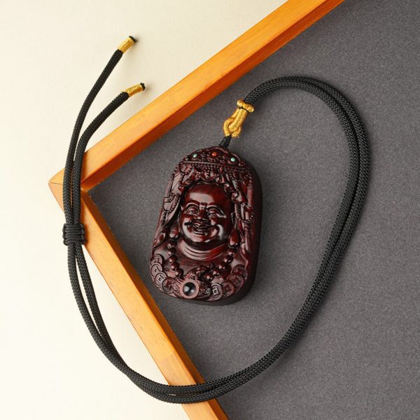 Hand-Carved Sandalwood Maitreya Buddha Amulet Necklace
