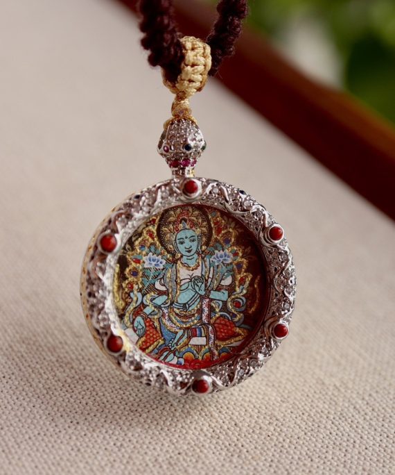 Hand-Painted Green Tara Thangka Amulet Necklace