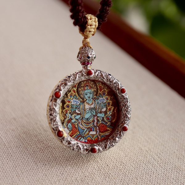 Hand-Painted Green Tara Thangka Amulet Necklace
