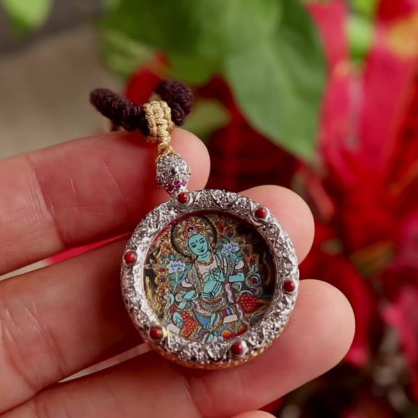 Hand-Painted Green Tara Thangka Amulet Necklace