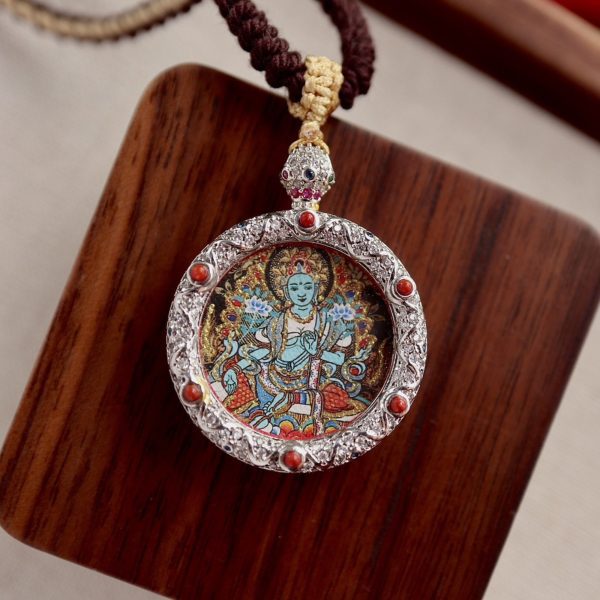 Hand-Painted Green Tara Thangka Amulet Necklace