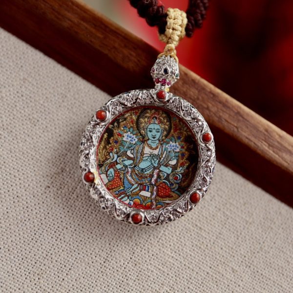 Hand-Painted Green Tara Thangka Amulet Necklace