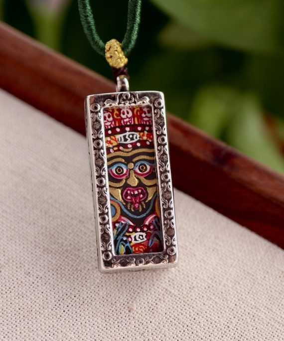 Hand-Painted Zakiram Thangka Tibetan Silver Amulet Necklace