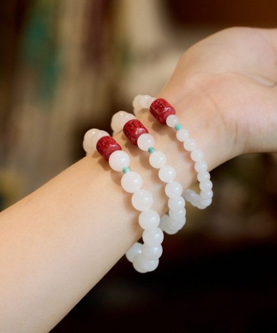 Hetian Jade Cinnabar "Om Mani Padme Hum" Prayer Beads Bracelet