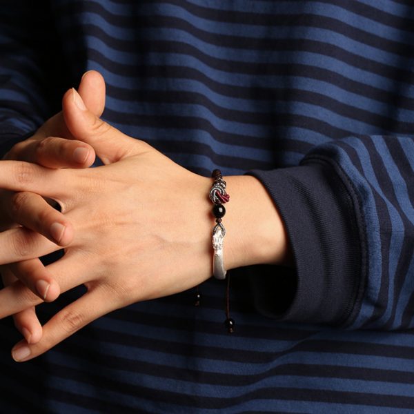 Mystic Guardian Eastern Dragon Cotton & Silver Wrap Bracelet