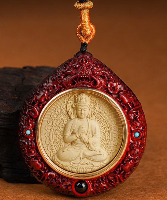 Natural Sandalwood Carved Guardian Buddha Pendant Necklace