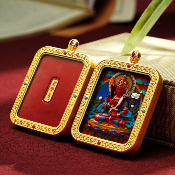 Mysterious gifts Hand-Painted Thangka Red Sand Brass Pendant Necklace (Ga Wu Box)