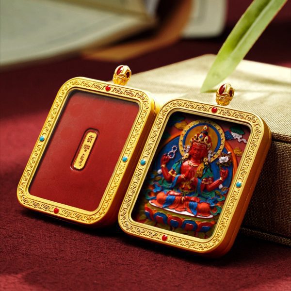 Mysterious gifts Hand-Painted Thangka Red Sand Brass Pendant Necklace (Ga Wu Box)