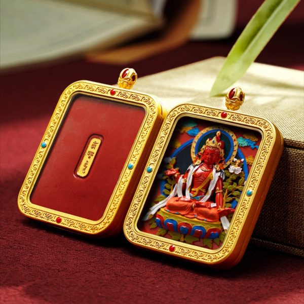 Mysterious gifts Hand-Painted Thangka Red Sand Brass Pendant Necklace (Ga Wu Box)