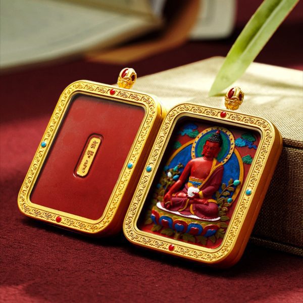 Mysterious gifts Hand-Painted Thangka Red Sand Brass Pendant Necklace (Ga Wu Box)