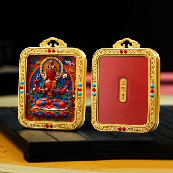 Mysterious gifts Hand-Painted Tibetan Buddhist Brass Cinnabar Pendant Necklace