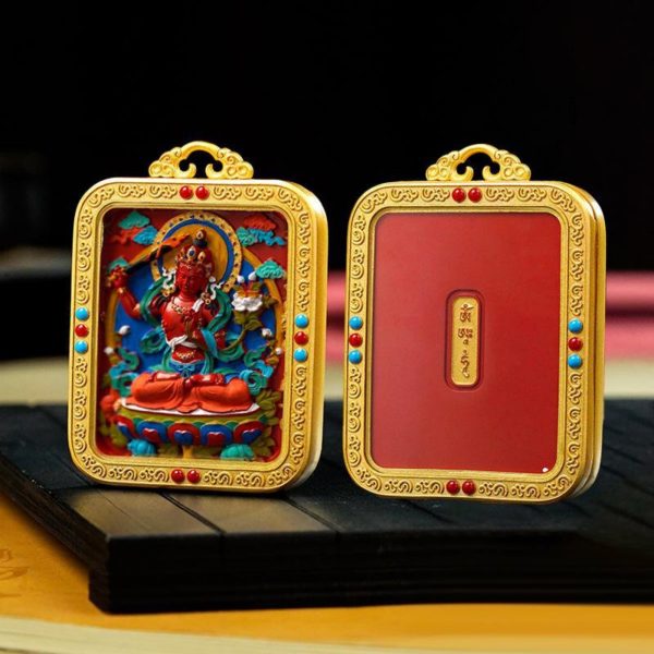Mysterious gifts Hand-Painted Tibetan Buddhist Brass Cinnabar Pendant Necklace