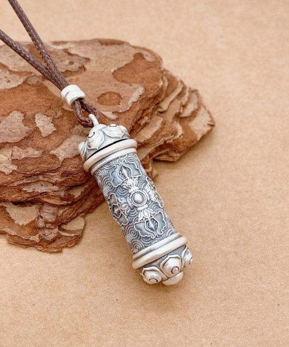 Six-Syllable Mantra Buddhist Prayer Wheel Silver Pendant Necklace