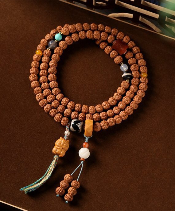 Tibetan 108-Bead Rudraksha & Jade Mala Bracelet